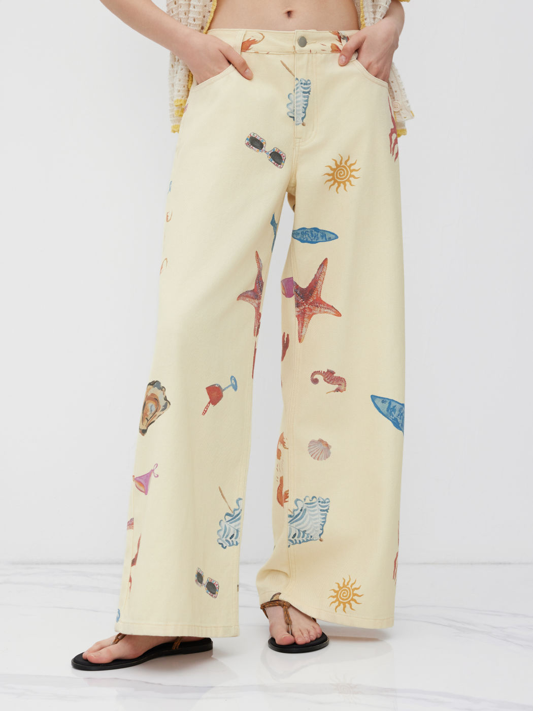 Cider Denim Low Rise Seafood Pattern Wide Leg Jens