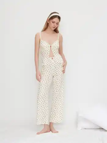 V-Ausschnitt Blumenmuster Spitze-Bordüre Spalt Cami-Oberteil & Mittelhohe Weite Beine Hose Lounge-Set