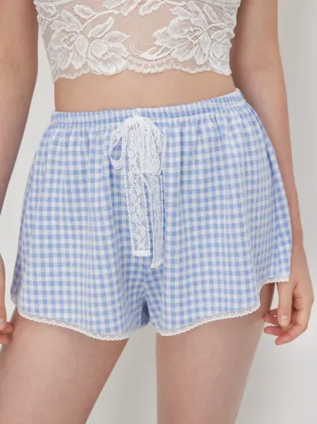 Low Rise Gingham Bowknot Lace Trim Shorts