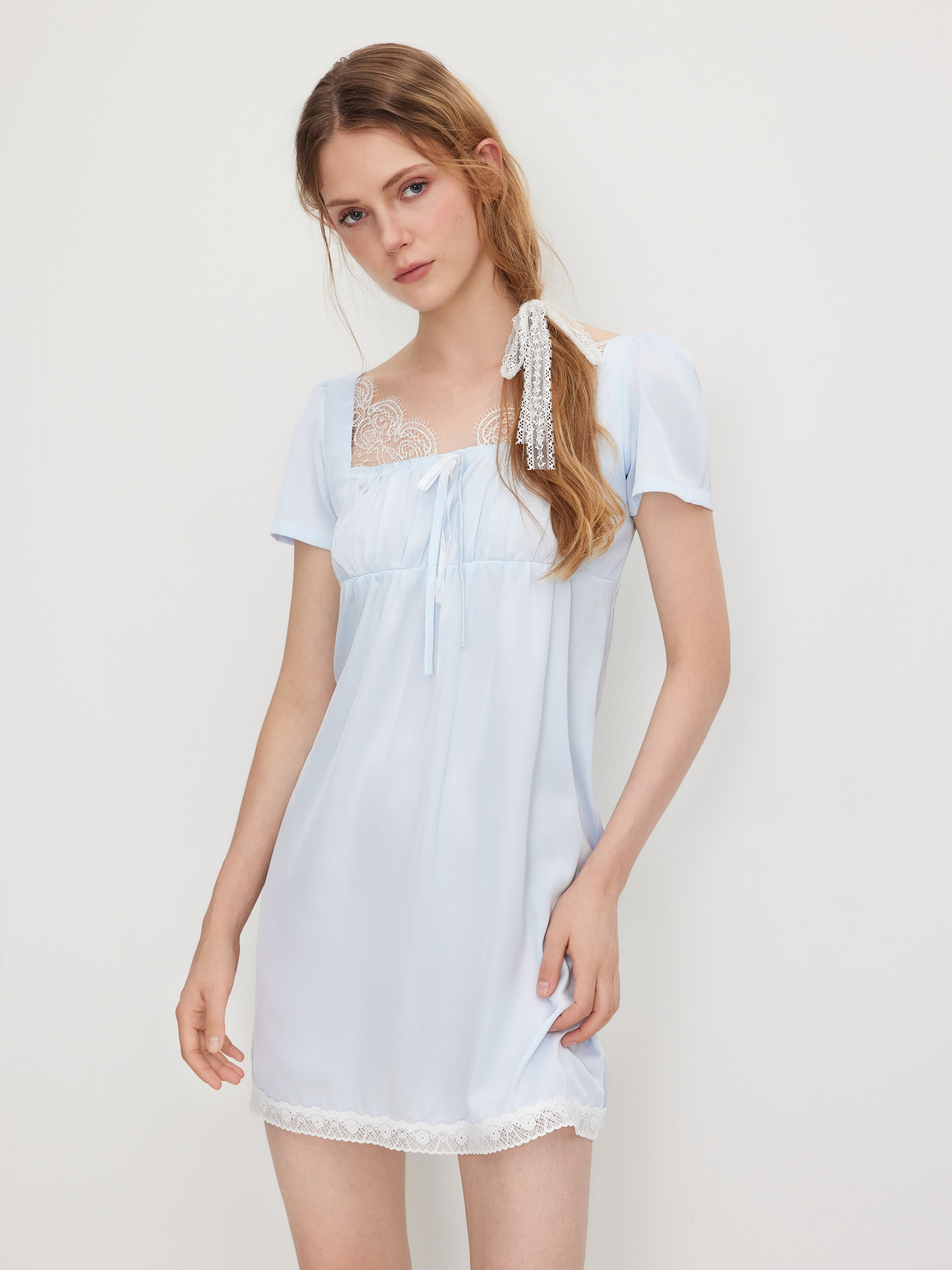 Satin Square Neck Lace Trim Knotted Mini Nightdress