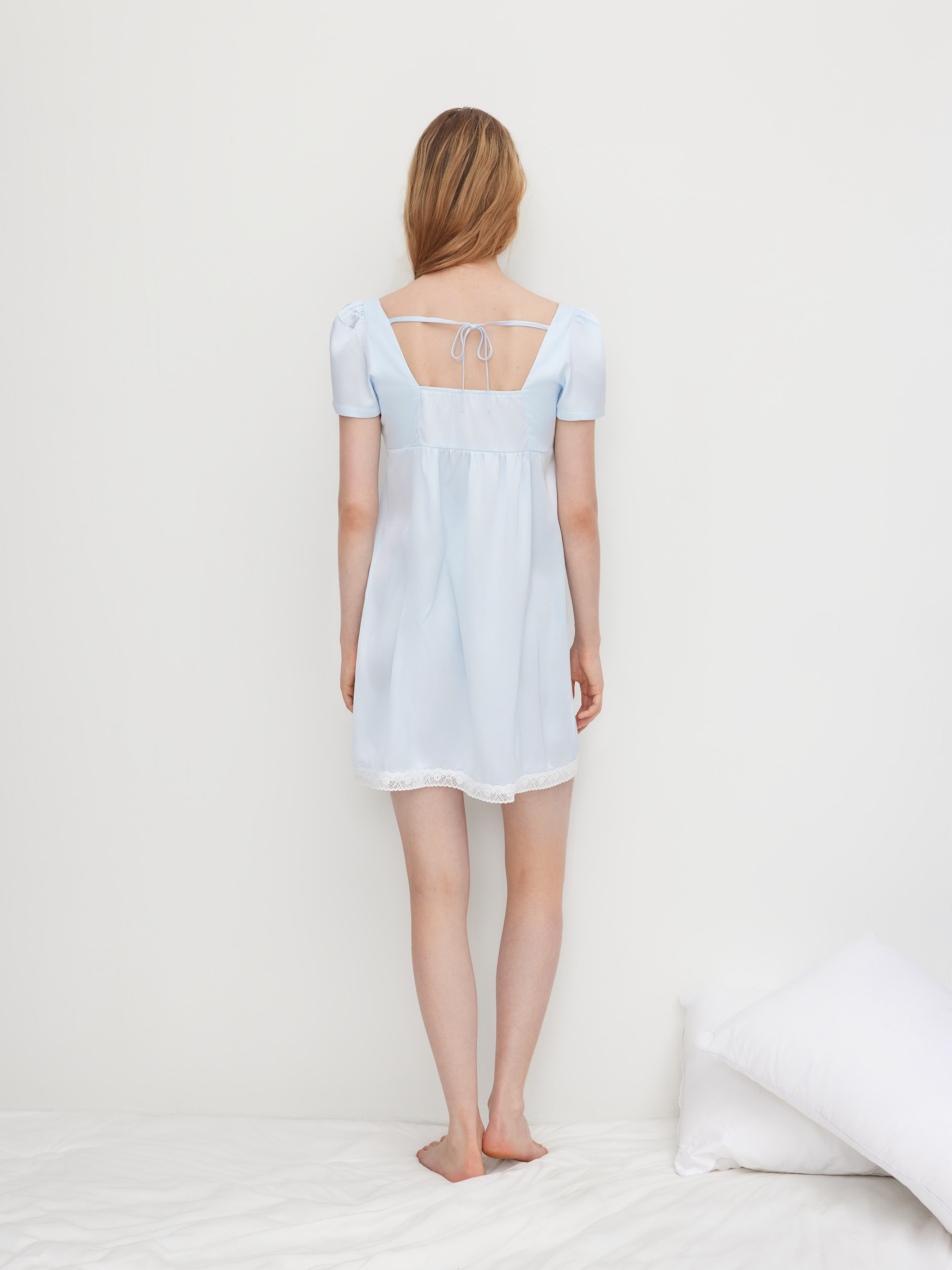 Satin Square Neck Lace Trim Knotted Mini Nightdress
