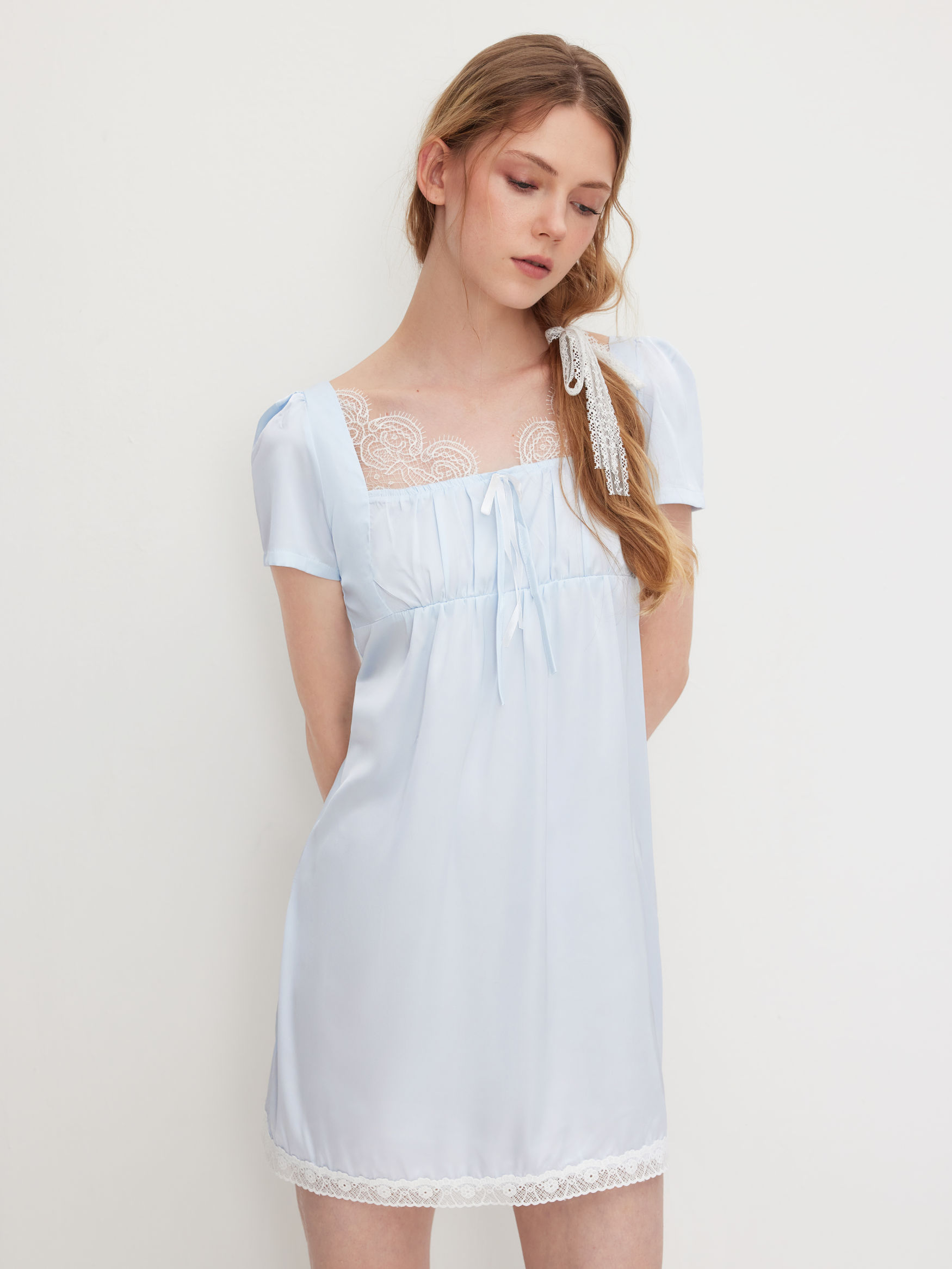 Satin Square Neck Lace Trim Knotted Mini Nightdress