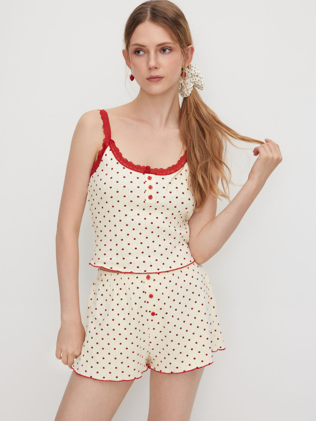 100% Cotton U-neckline Polka Dot Lace Trim Cami Top & Mid Rise Shorts Loungewear Set