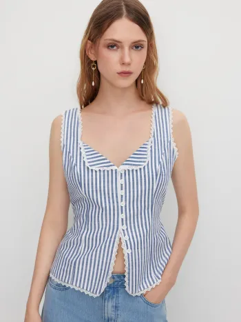 Cotton-blend Sweetheart Stripe Lace Trim Knotted Tank Top