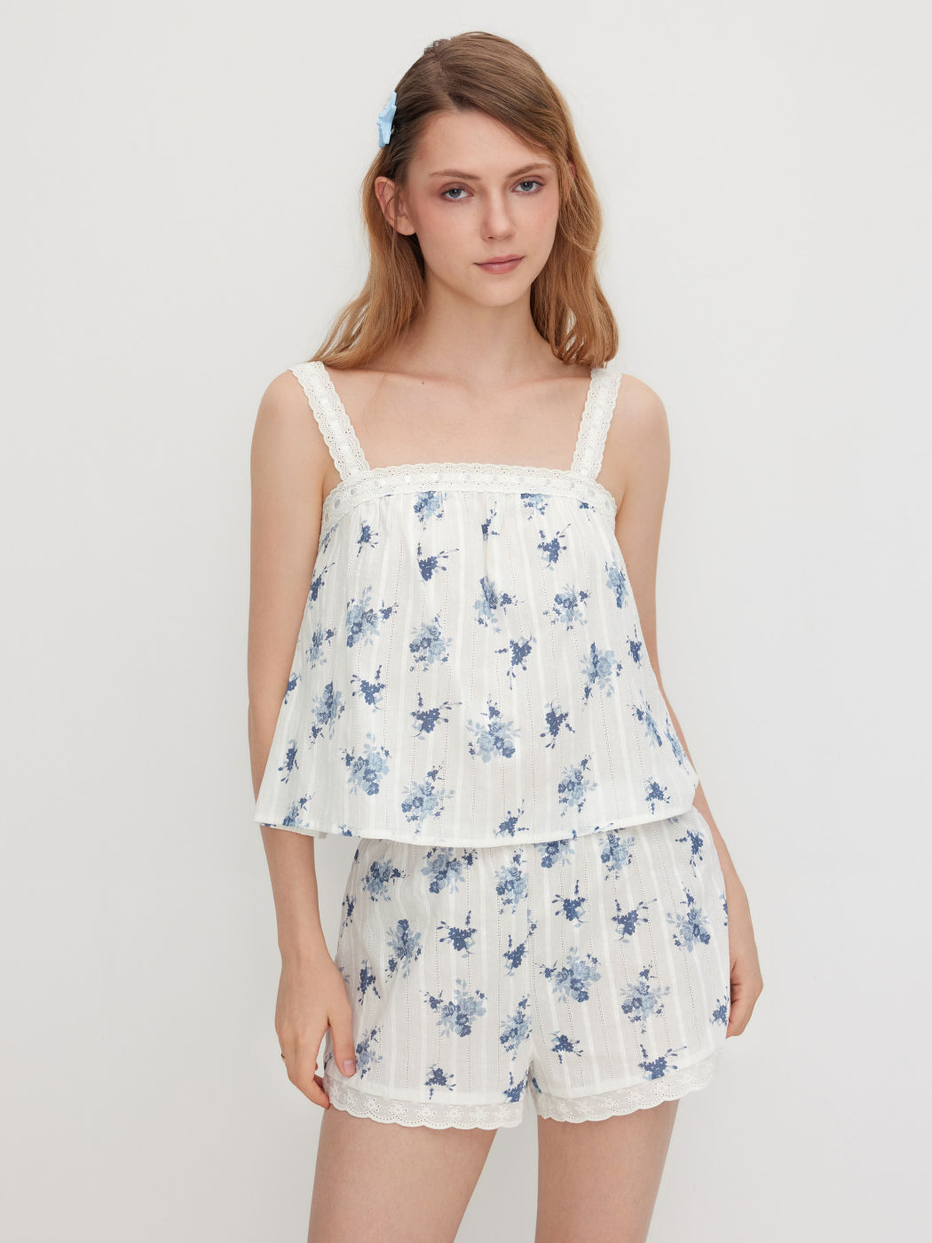 100% Cotton Square Neck Floral Oversized Cami Top & Mid Rise Elastic Waist Shorts Loungewear Set