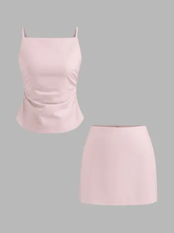 Leinen-Mischung Rüschendes Cami-Top mit Kreuzverschluss und Rückenausschnitt + Mini-Skirt Set