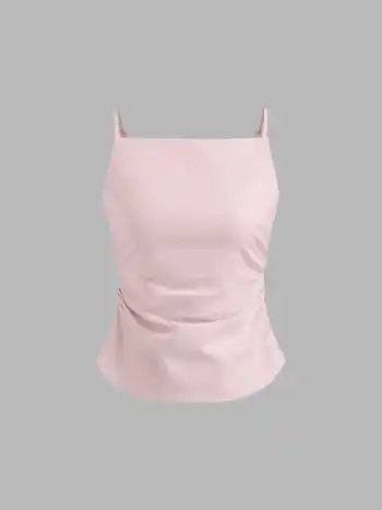 Leinen-Mischung Rüschendes Cami-Top mit Kreuzverschluss und Rückenausschnitt + Mini-Skirt Set