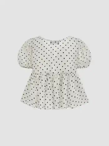 Bluse mit runder Halsöffnung, Polkadots und Binde vorne