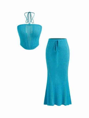 Knitted Halter Neckline Beaded Bandeau Top & Mid Rise Mermaid Maxi Skirt Set