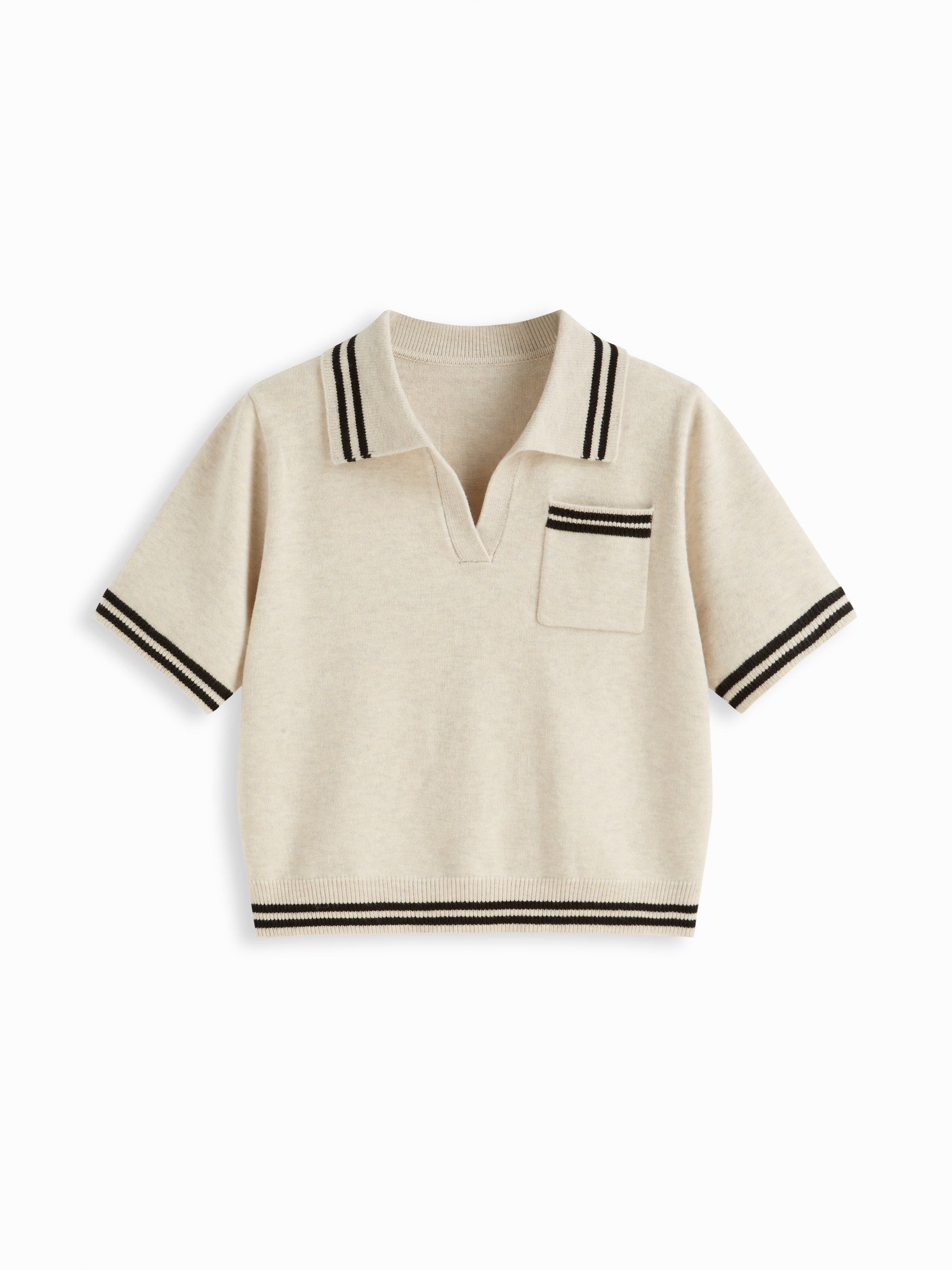 Knit Fabric Knit Collar Stripe Short Sleeve Top Curve & Plus