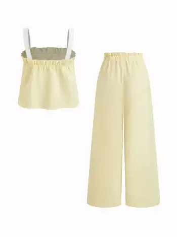 Linen-blend Square Neck Lettuce Trim Cami Top & Mid Rise Drawstring Trousers Loungewear Set