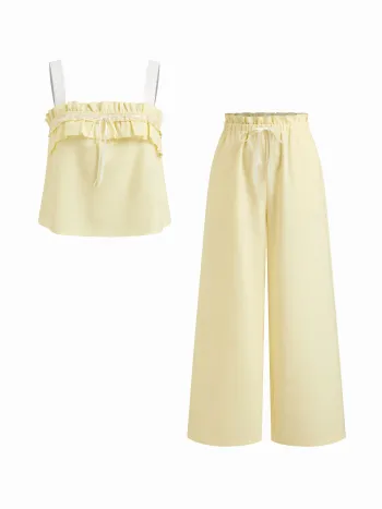 Linen-blend Square Neck Lettuce Trim Cami Top & Mid Rise Drawstring Trousers Loungewear Set