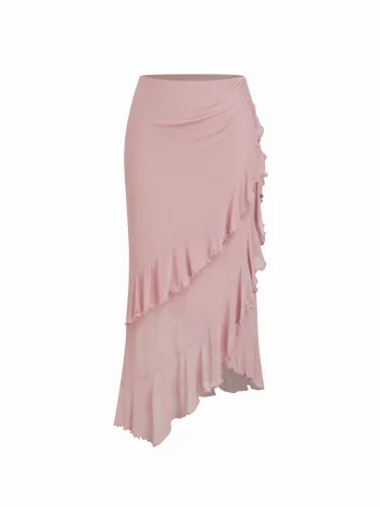 Mesh Mid Rise Ruffle Asymmetrical Hem Midi Skirt