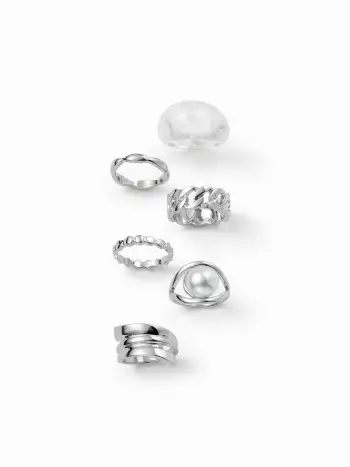 SET DI ANELLI CON PERLE FINTE, CERCHI E CATENE - 6 PEZZI