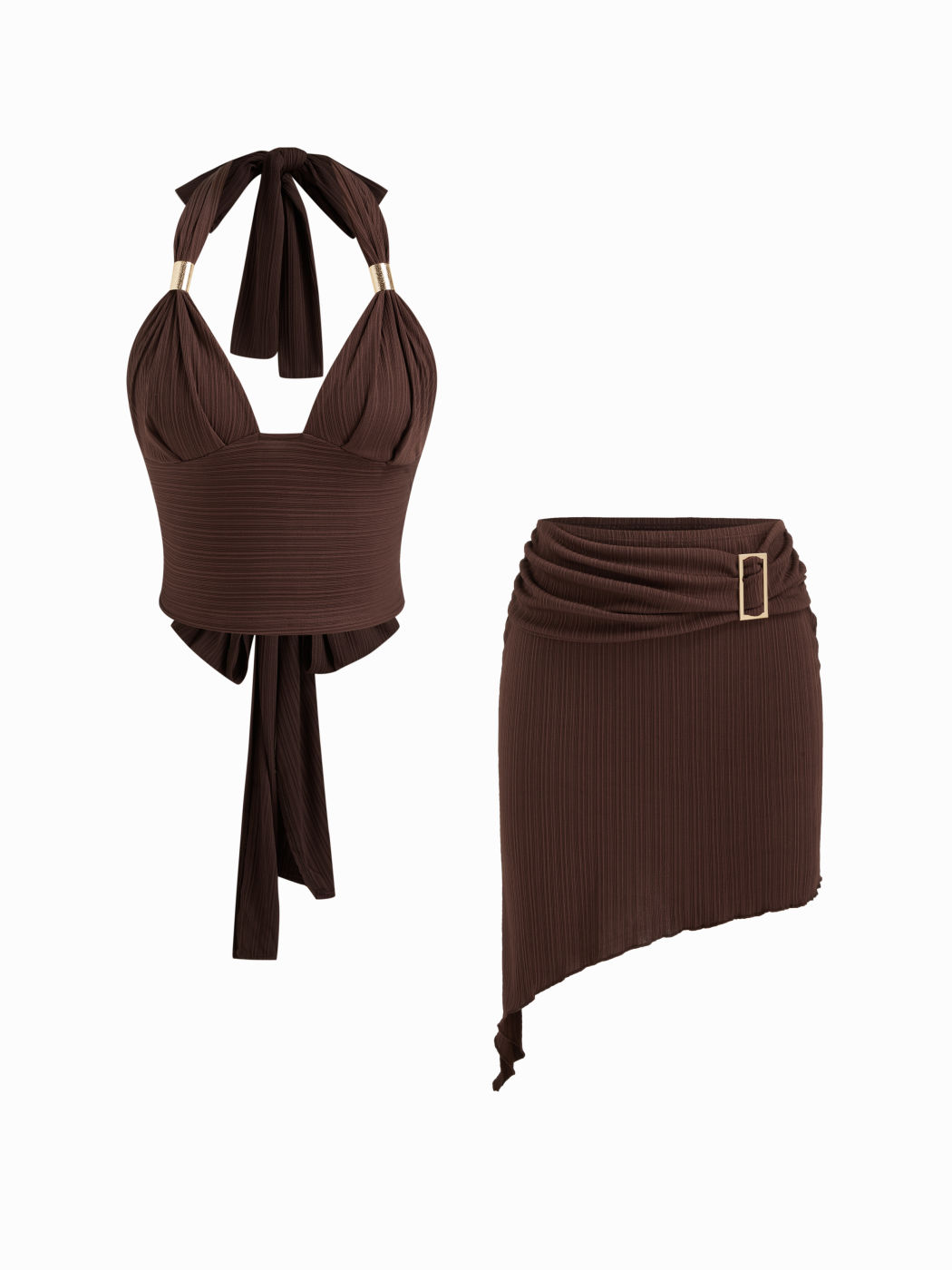 Halter Neckline Backless Metal Detail Knotted Top & Asymmetrical Hem Skirt Set