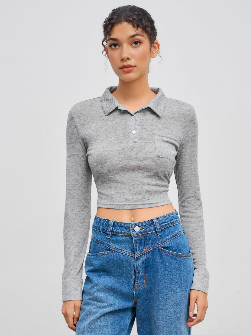 Crop Top con colletto solido a maniche lunghe