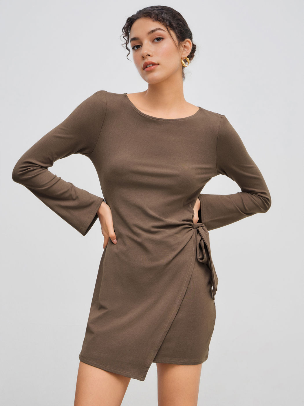 Bootsausschnitt Solids Geknotetes Wickelkleid Langarm Minikleid