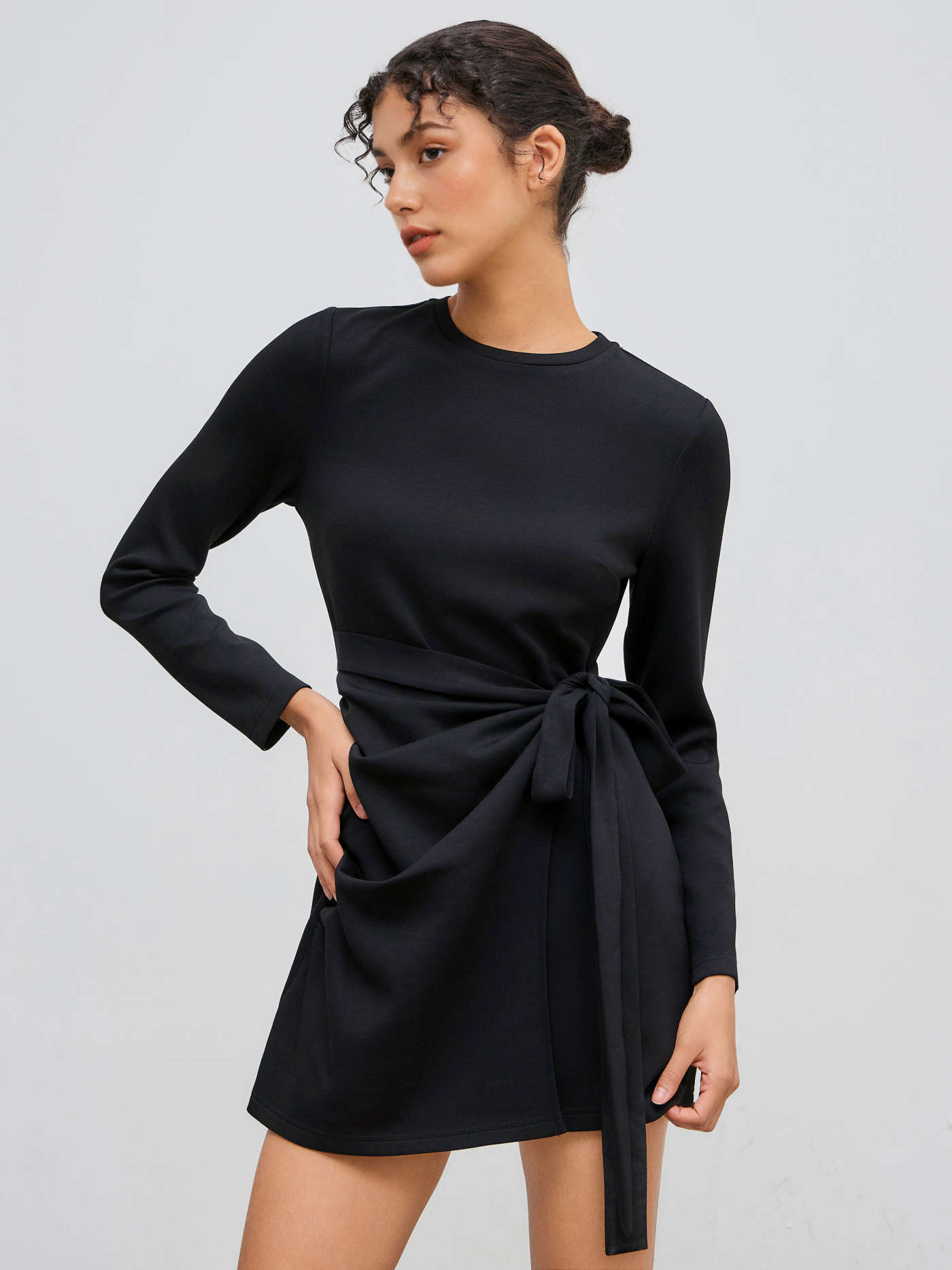 Round Neckline Knotted Wrap Mini Dress