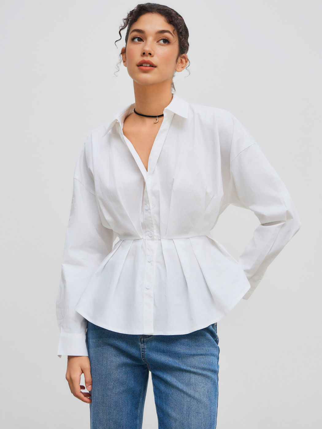 100% Cotton Collar Solid Pleated Long Sleeve Shirt