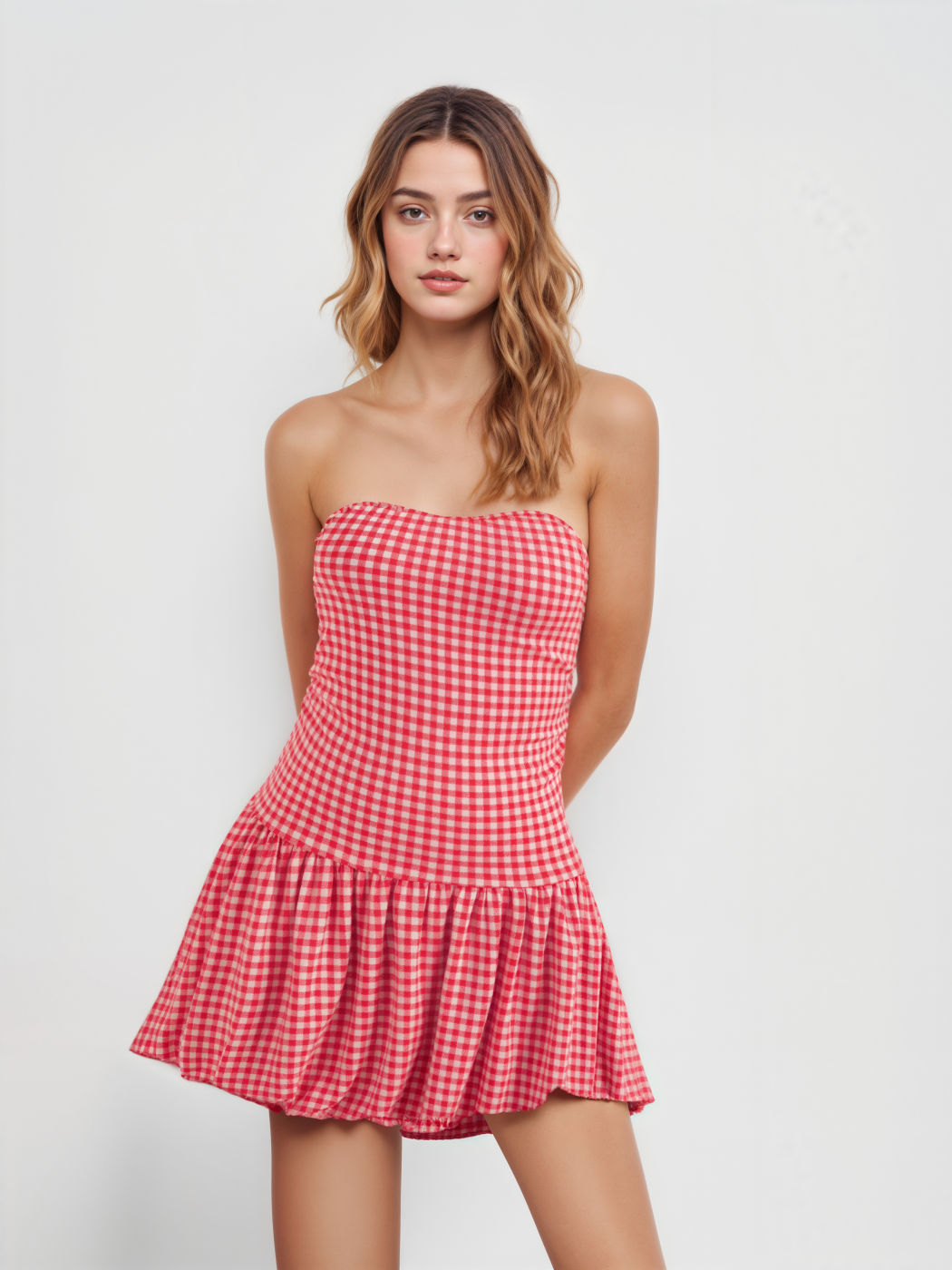 Strapless Gingham Bubble Hem Tube Mini Dress