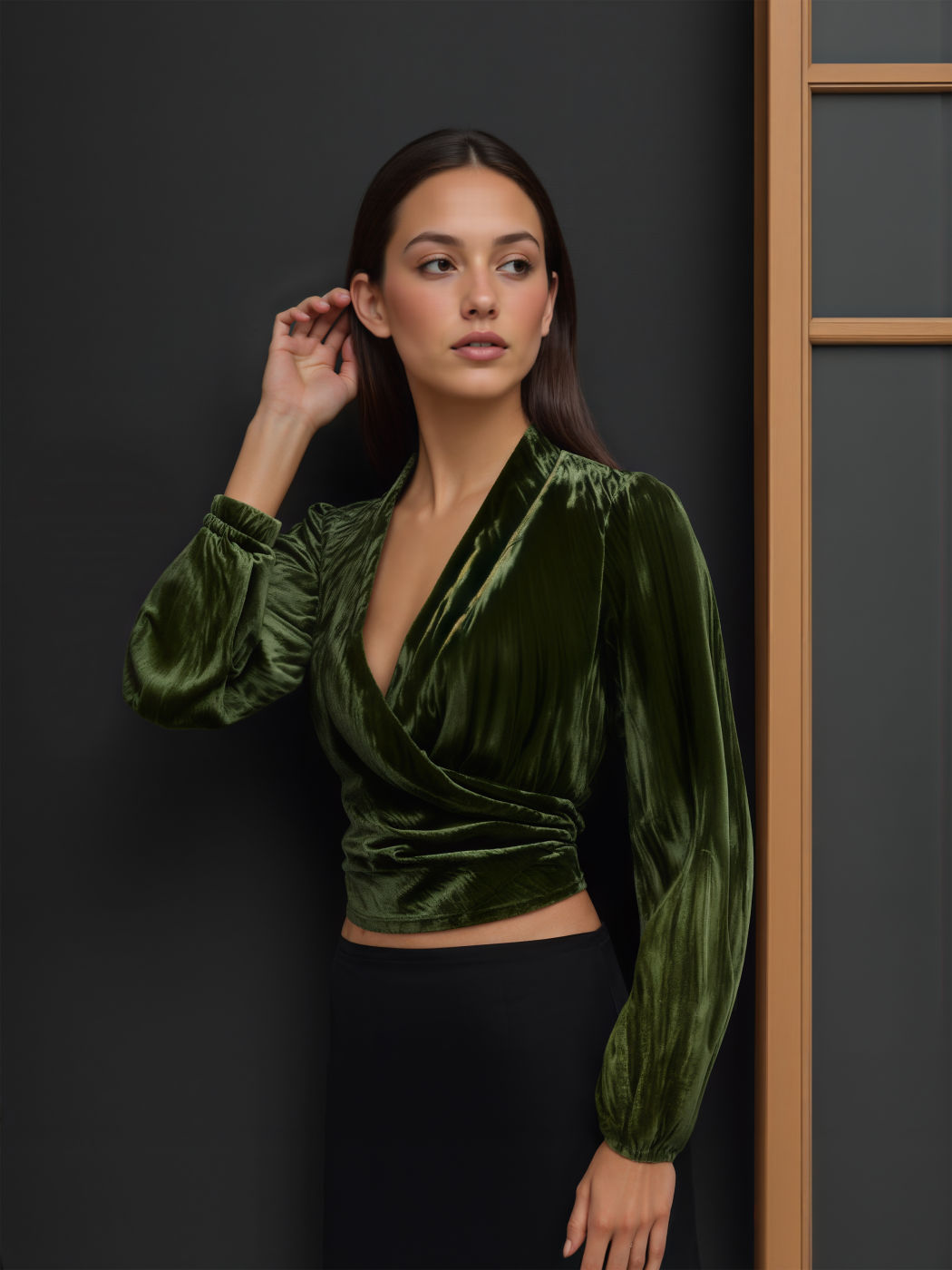 Velvet V-neck Solid Wrap Long Sleeve Top