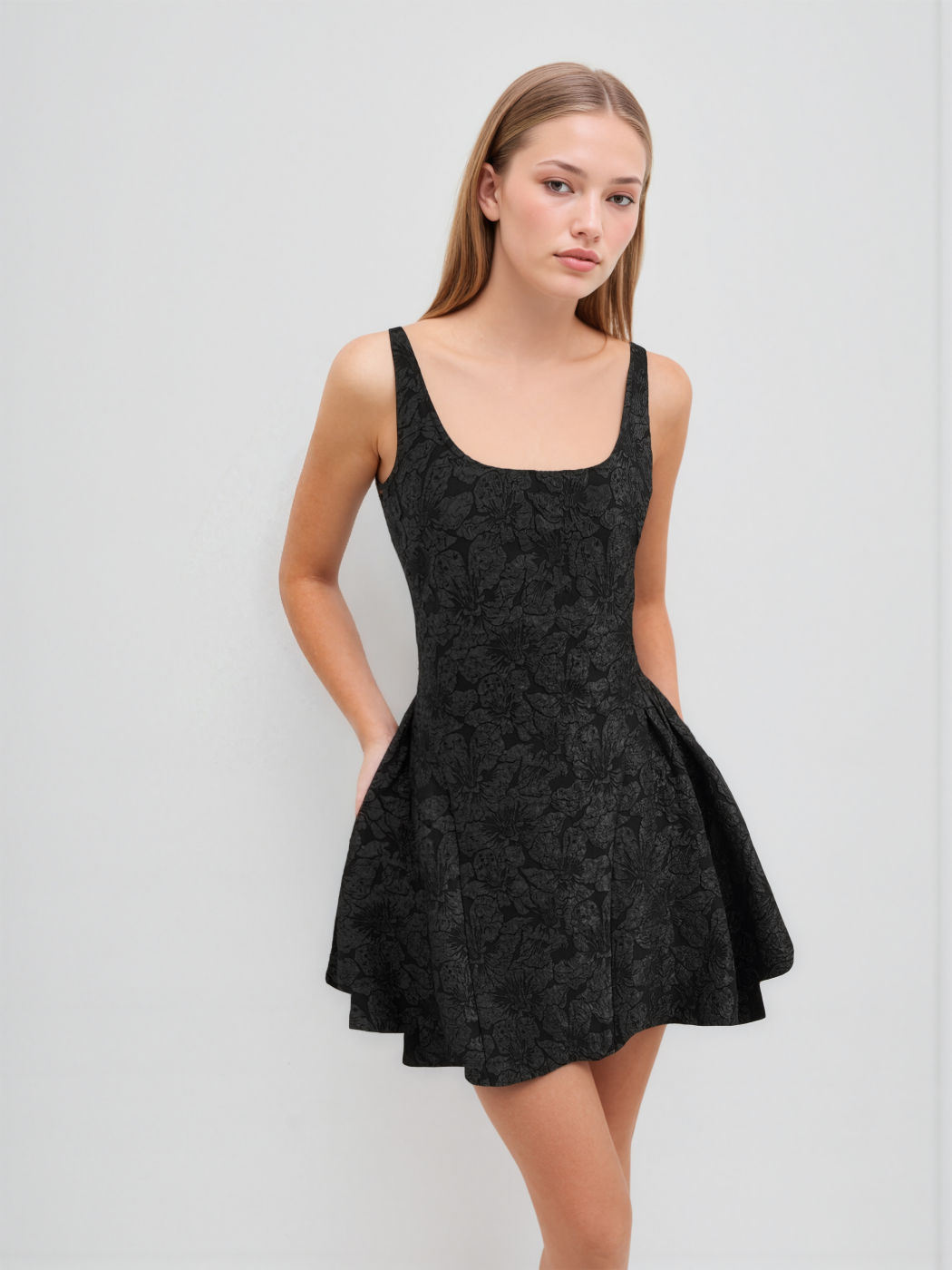 Jacquard Square Neck Floral Zipper Mini Dress