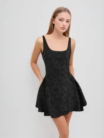 Jacquard Square Neck Floral Zipper Mini Dress