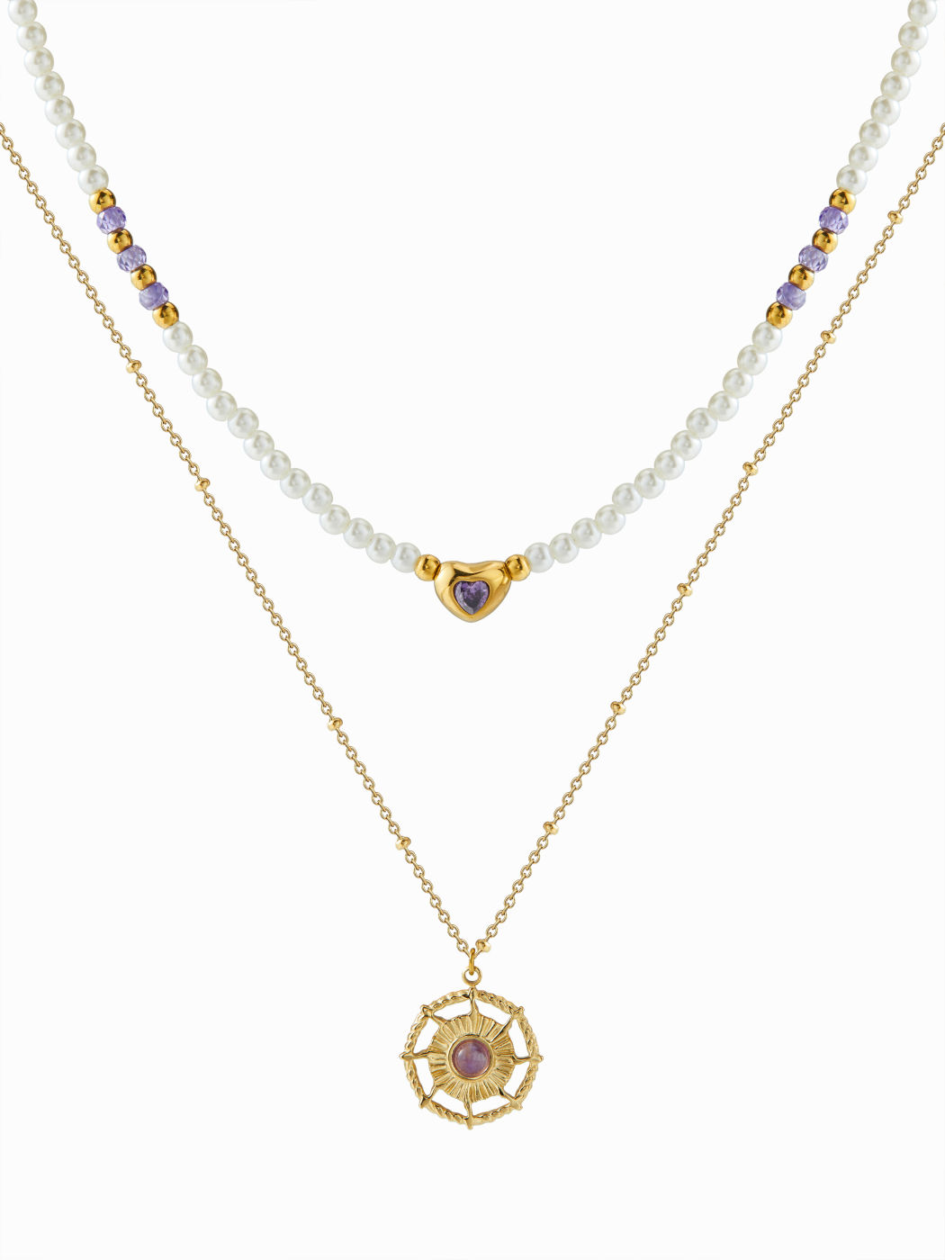 2PCS AMETHYST CRYSTAL DECOR COMPASS & HEART BEADED NECKLACE SET