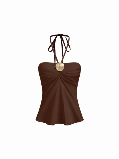 Cotton-blend Halter Neckline Polka Dot Ruched Layered Mini Dress