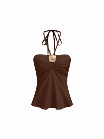 Baumwollmischung Halter-Halslinie gerucherte Metalldetails Shirred Oberteil