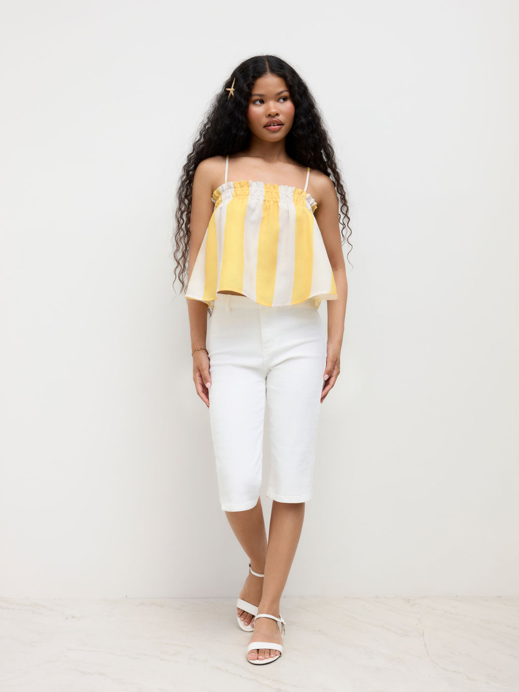 Stripe Shirred Lettuce Trim Cami Top
