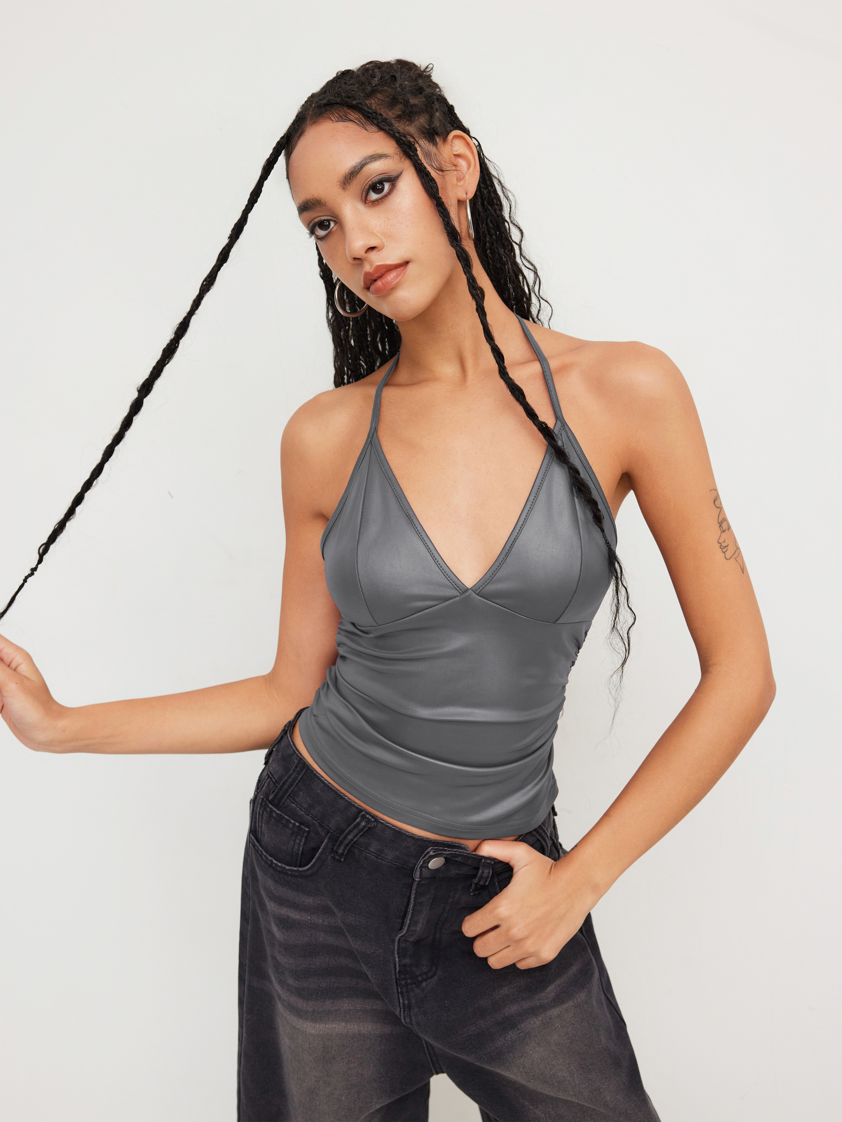 Corset Top Summer Tops Knit Fabric Halter Neckline Ruched