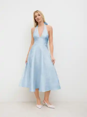 Jacquard-Halter-Ausschnitt Blumenmuster Maxikleid