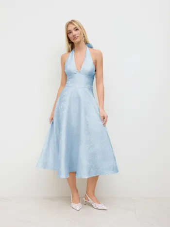 Jacquard-Halter-Ausschnitt Blumenmuster Maxikleid