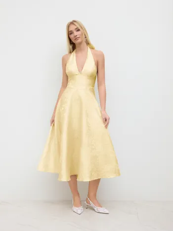 Jacquard-Halter-Ausschnitt Blumenmuster Maxikleid