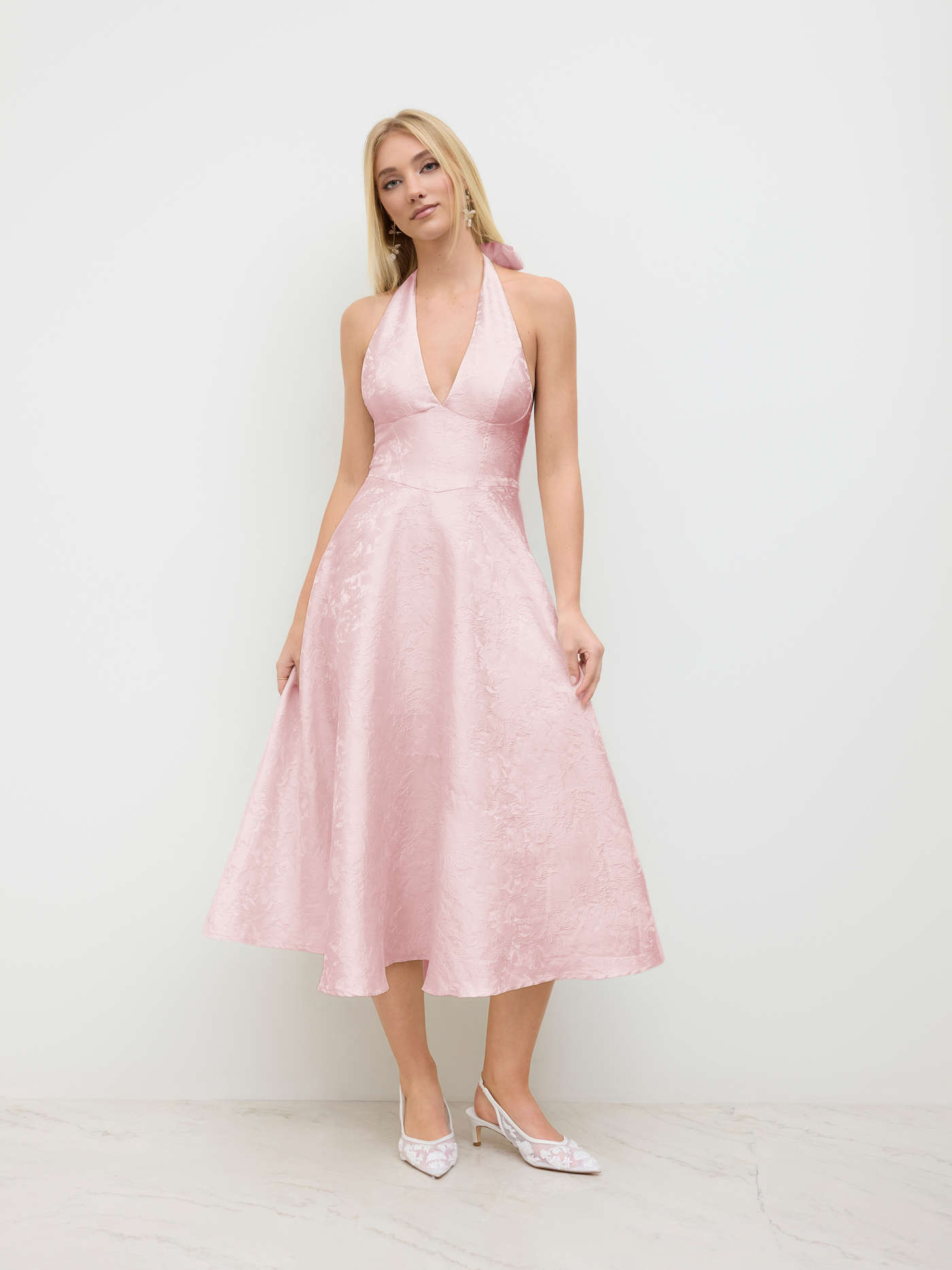 Linen-blend Square Neck Ruffle Midi Dress
