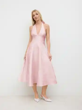 Jacquard-Halter-Ausschnitt Blumenmuster Maxikleid