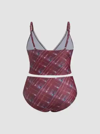 V-Ausschnitt Kastenmuster Schleife Tankini Bikini Set Kurve & Plus