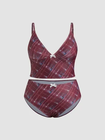 V-Ausschnitt Kastenmuster Schleife Tankini Bikini Set Kurve & Plus