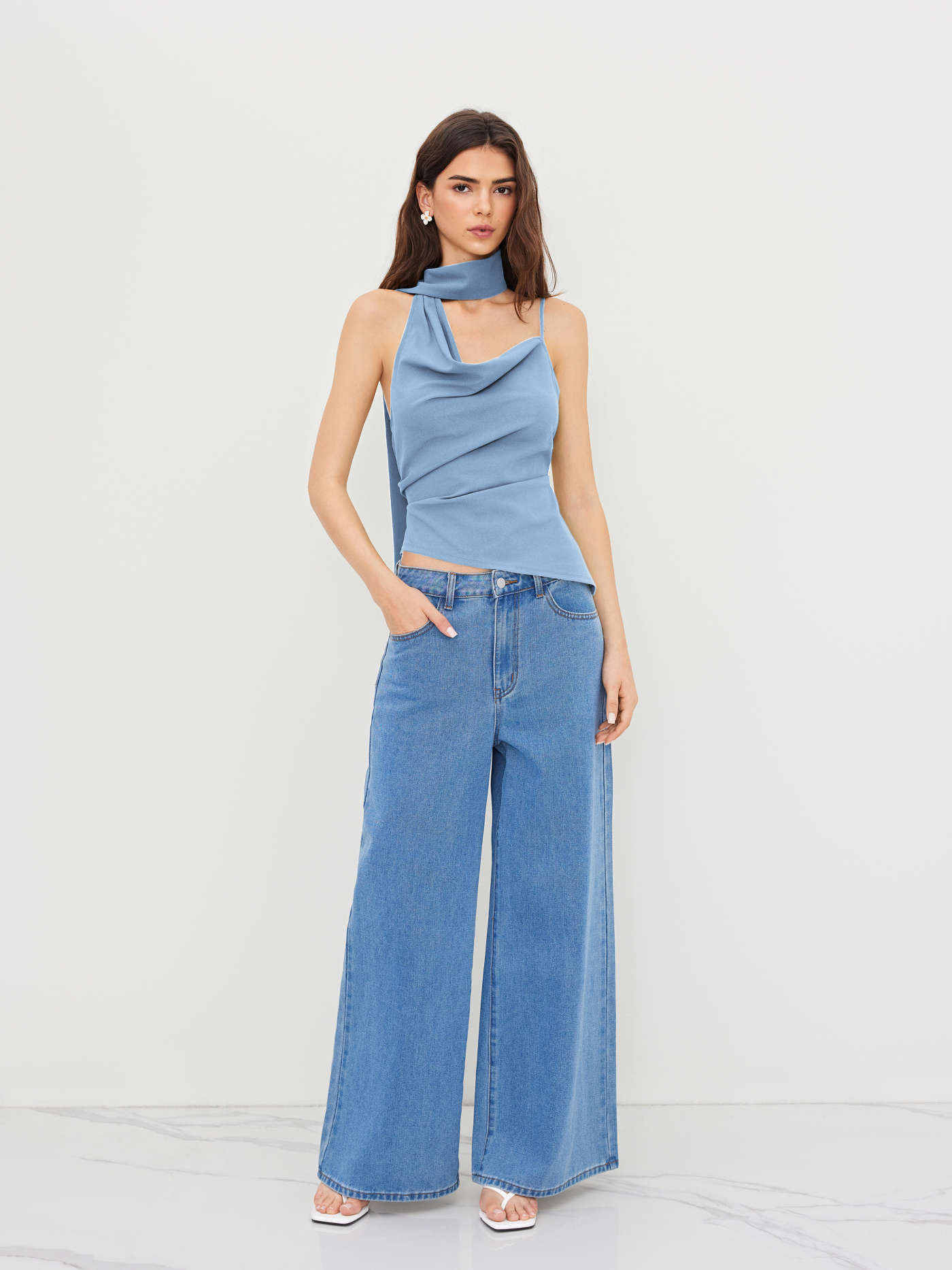 Woven Halter Neckline Ruched Cami Top With Scarf For Date