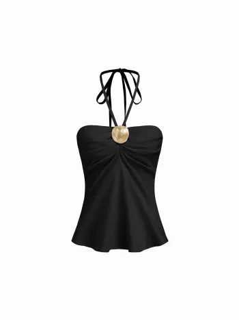Cotton-blend Halter Neckline Ruched Metal Detail Shirred Top