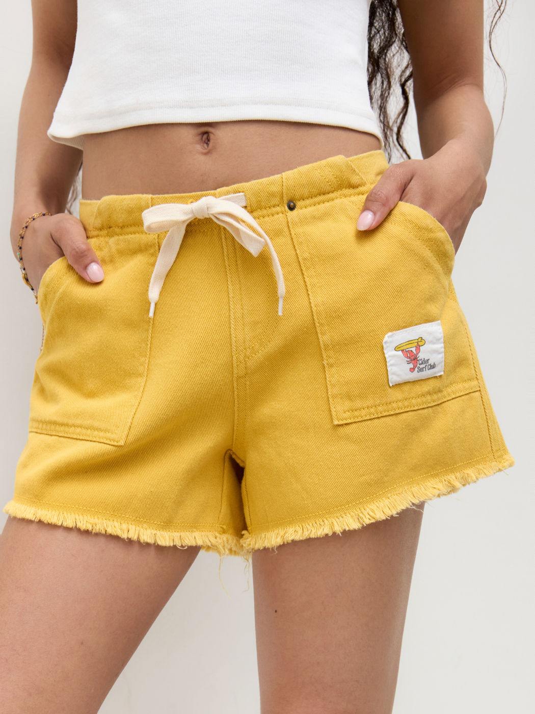 Denim Low Rise Drawstring Knotted Raw Hem Micro Shorts