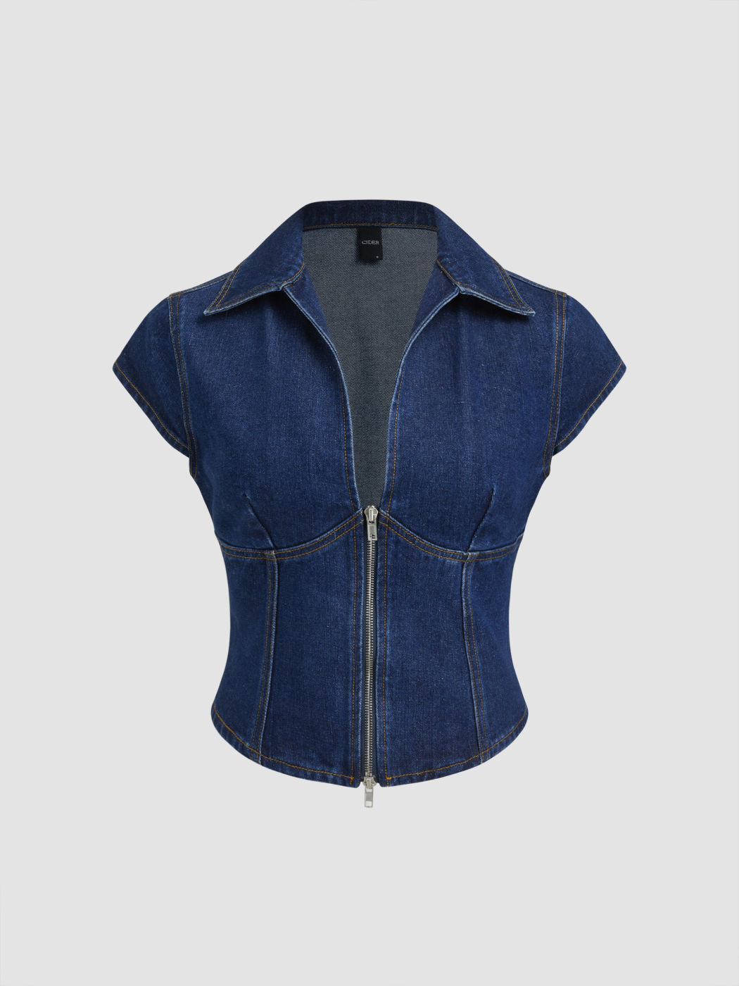 Denim Polo Neck Zip Through Blouse