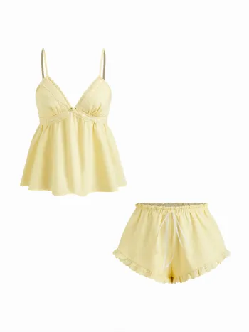 Linen-blend V-neck Rose Detail Lace Trim Ruffle Hem Top & Mid Rise Bowknot Shorts Loungewear Set