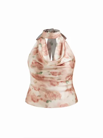 Kurve & Plus - Florales, geschürztes Tank-Top aus Satin mit Rundhalsausschnitt