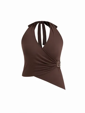 V-neck Halter Neckline Asymmetrical Hem Top Curve & Plus
