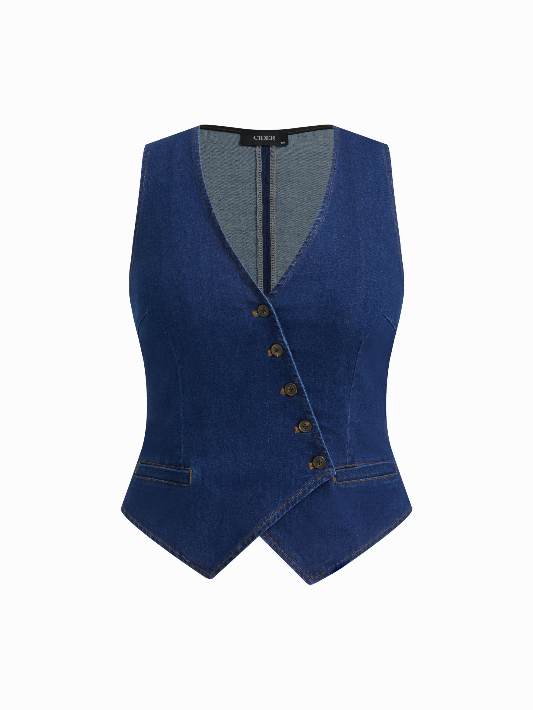 Stretch Denim V-neck Asymmetrical Button Vest Curve & Plus