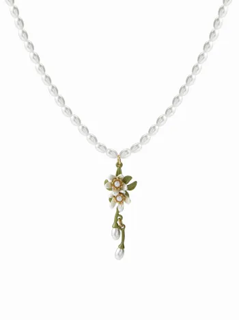 FAUX PEARL DECOR FLOWER PENDANT BEADED NECKLACE