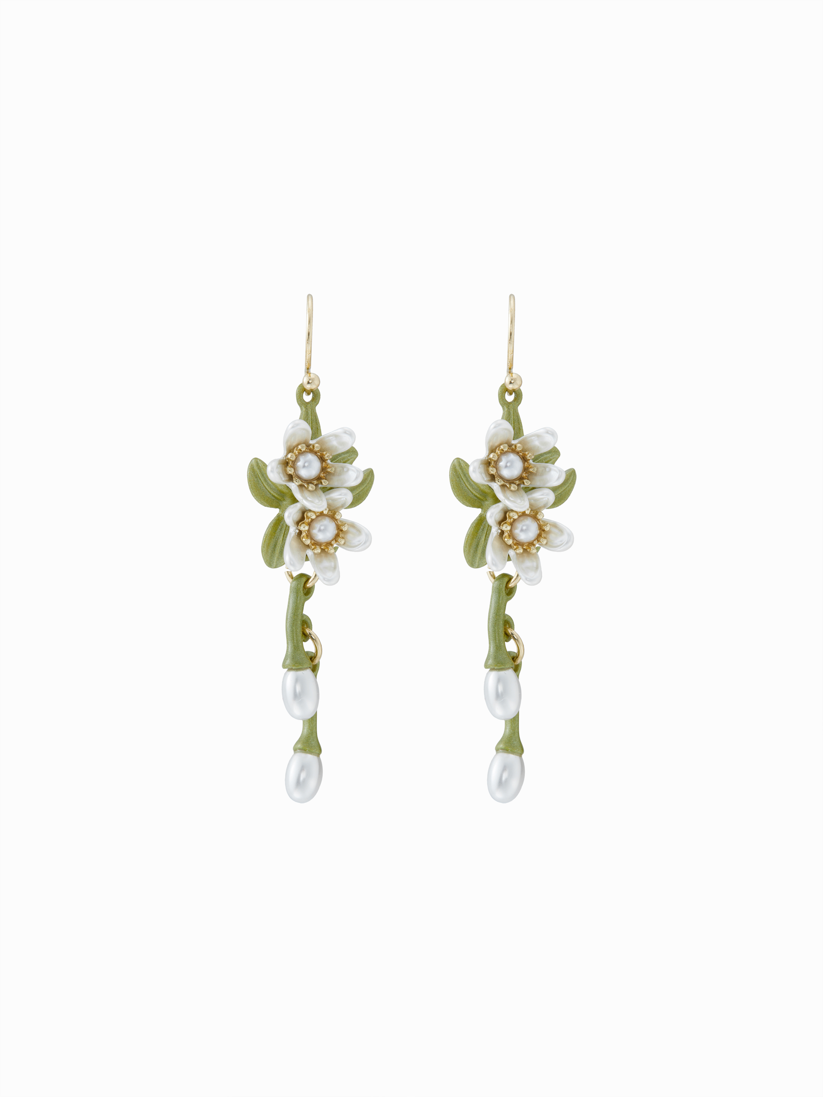 【ピアス】フラワー柄×ドロップパール ホワイト ゴールド 秋 Gema ドロップピアス, ミックスカット, クリスタル・パール
