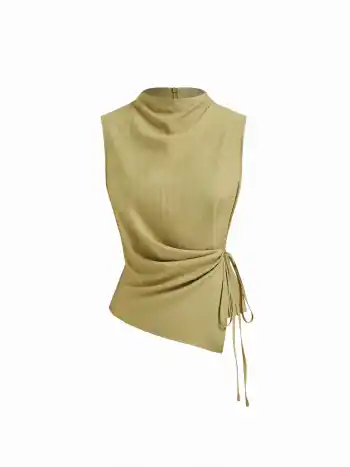 Stand Collar Texture Ruched Knotted Tank Top